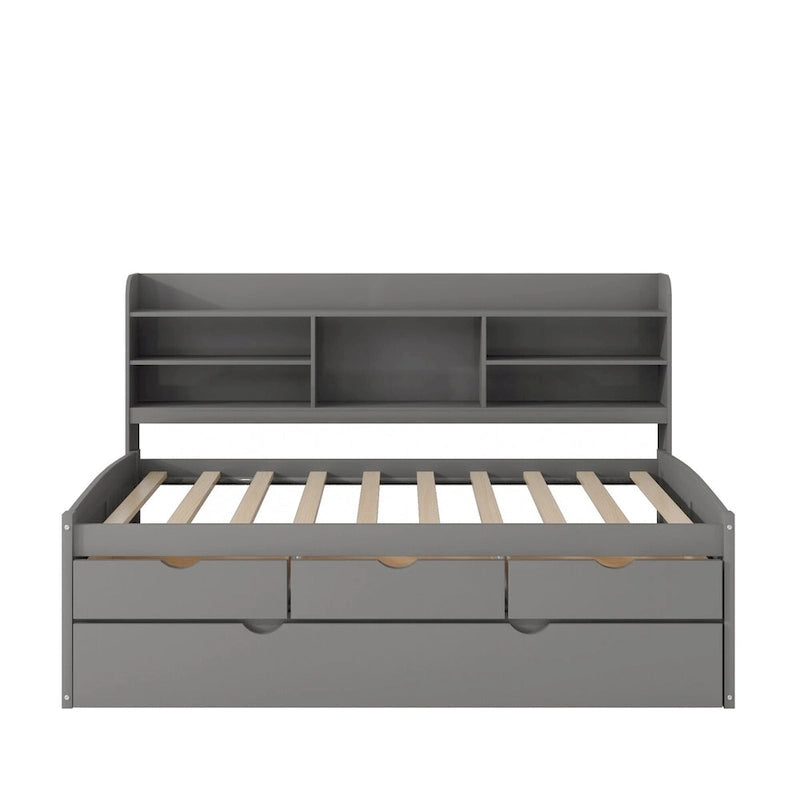 Twin Size Wooden Captain Bed with Storage Drawers and Trundle