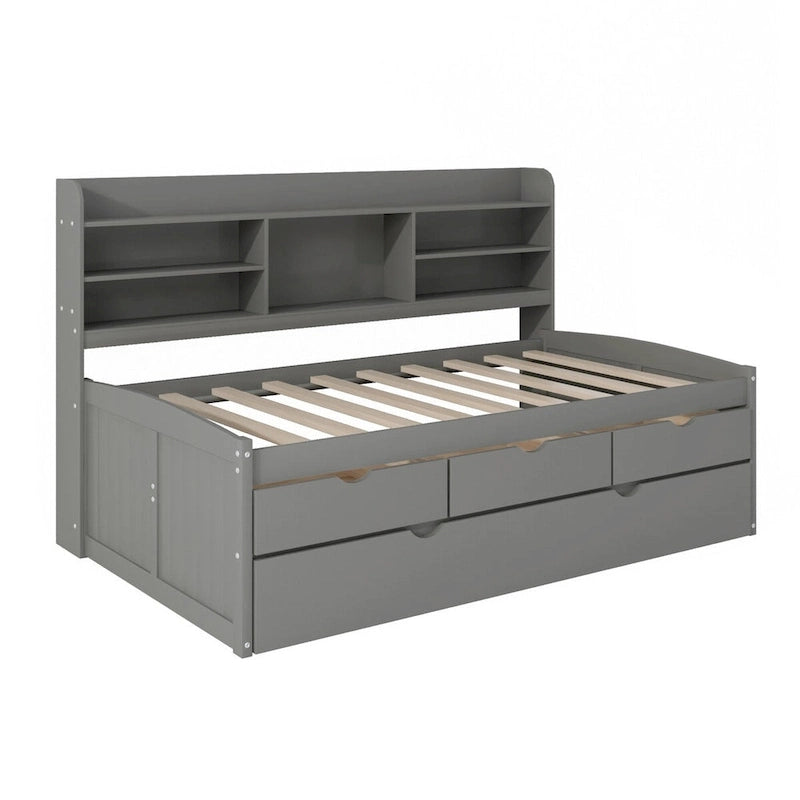 Twin Size Wooden Captain Bed with Storage Drawers and Trundle