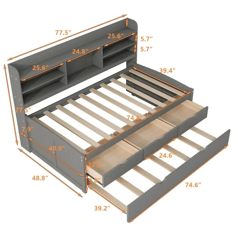 Twin Size Wooden Captain Bed with Storage Drawers and Trundle