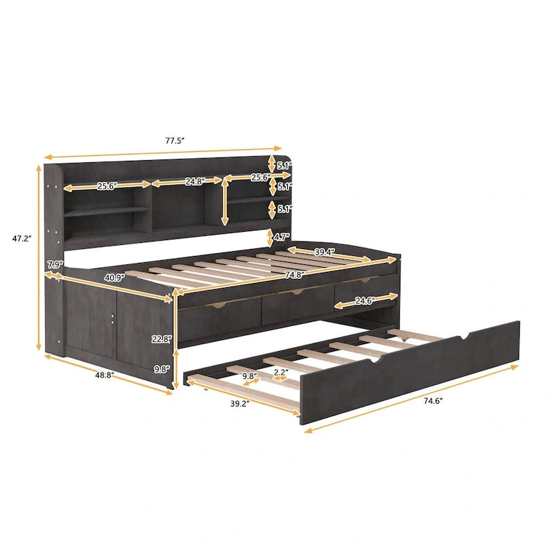 Twin Size Wooden Captain Bed with Storage Drawers and Trundle