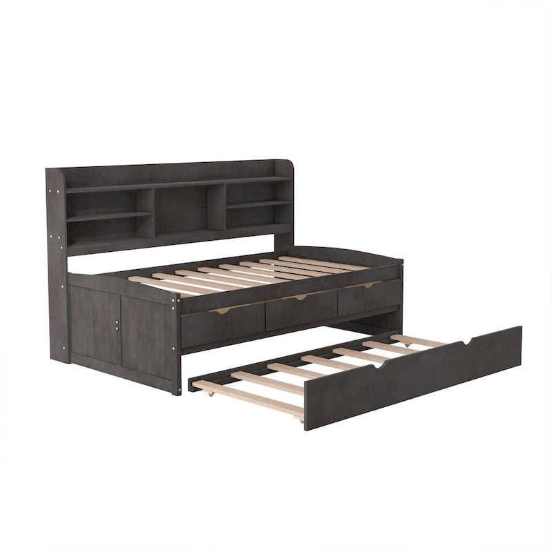 Twin Size Wooden Captain Bed with Storage Drawers and Trundle
