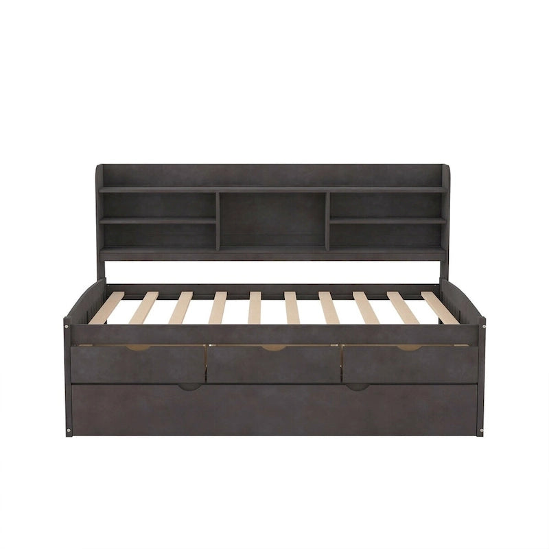 Twin Size Wooden Captain Bed with Storage Drawers and Trundle