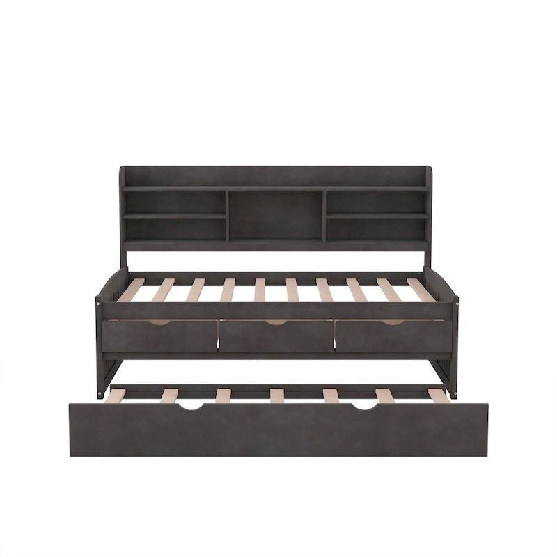 Twin Size Wooden Captain Bed with Storage Drawers and Trundle