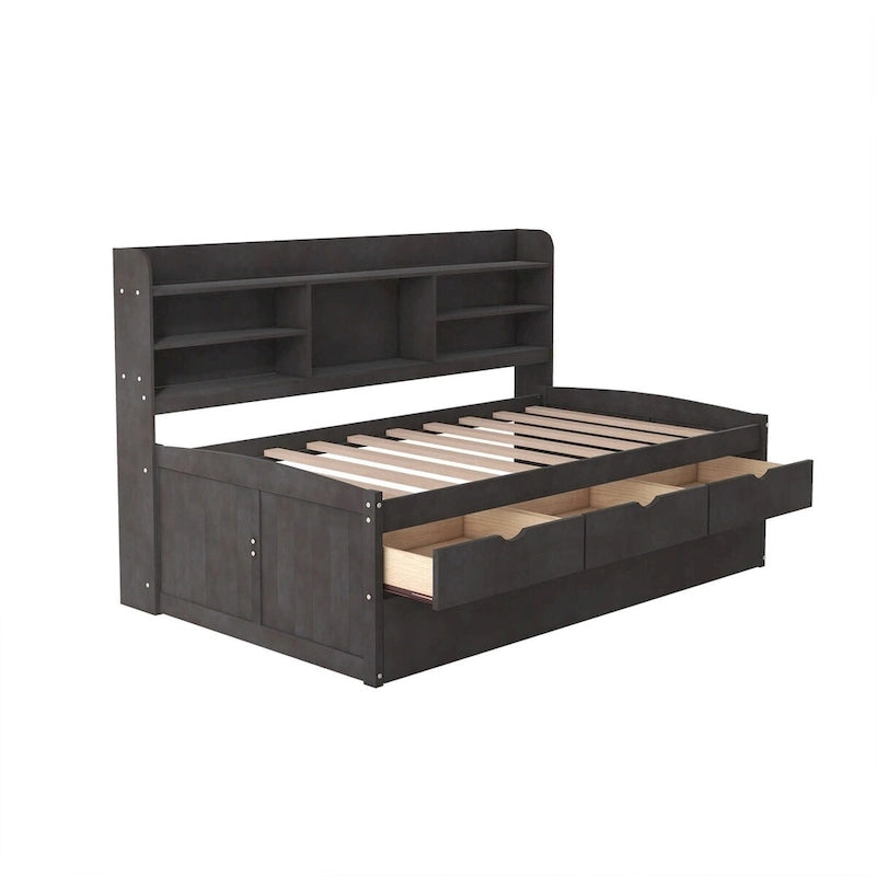 Twin Size Wooden Captain Bed with Storage Drawers and Trundle