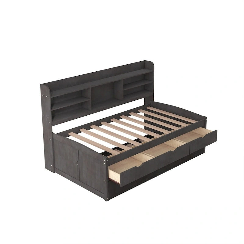 Twin Size Wooden Captain Bed with Storage Drawers and Trundle