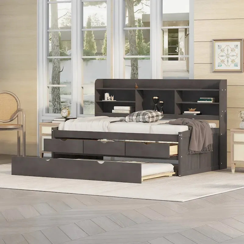 Twin Size Wooden Captain Bed with Storage Drawers and Trundle