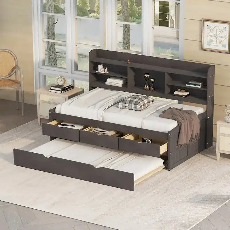 Twin Size Wooden Captain Bed with Storage Drawers and Trundle