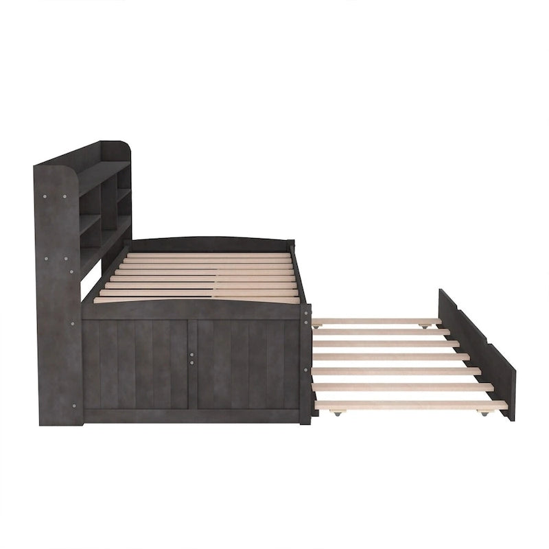 Twin Size Wooden Captain Bed with Storage Drawers and Trundle