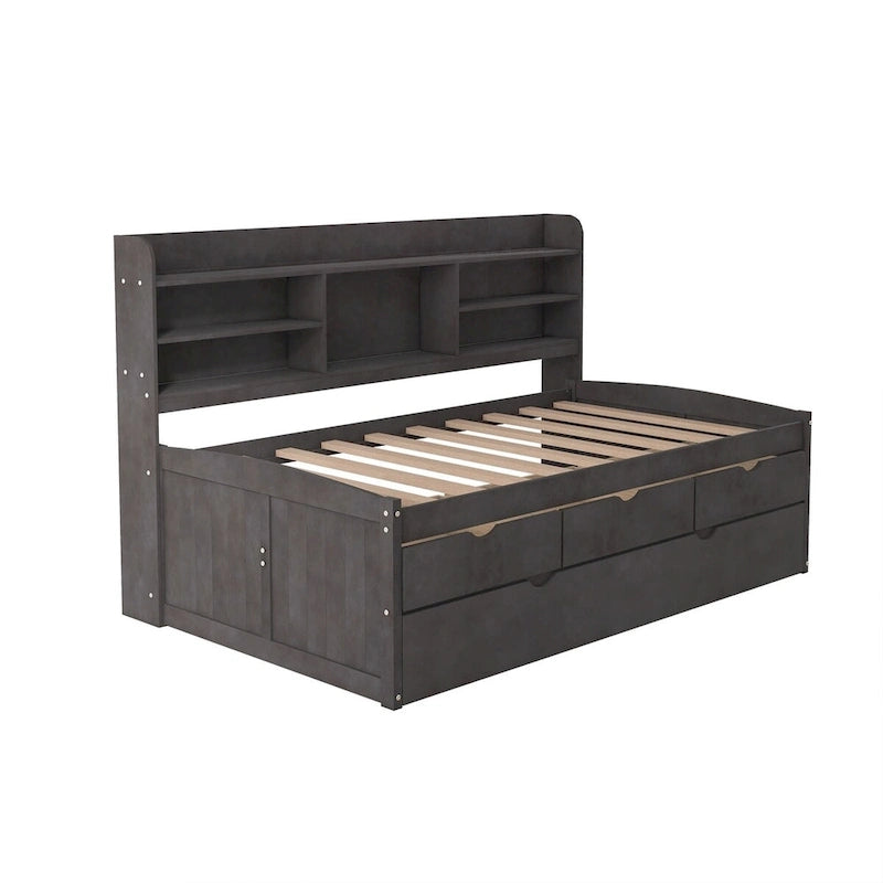 Twin Size Wooden Captain Bed with Storage Drawers and Trundle