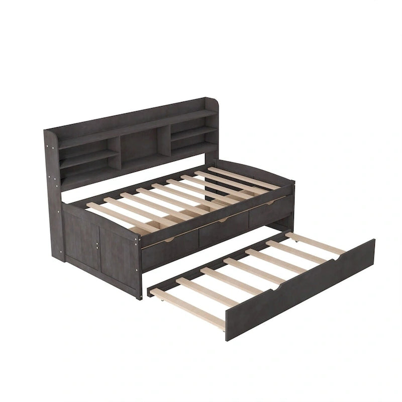 Twin Size Wooden Captain Bed with Storage Drawers and Trundle