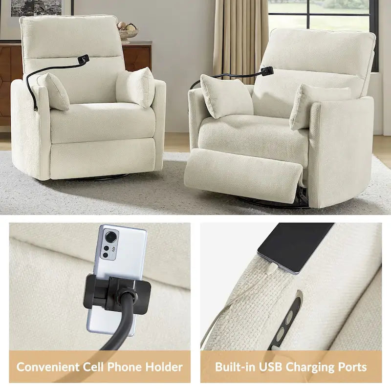 Modern Power Rocking Swivel Nursery Recliner with USB Ports Set of 2