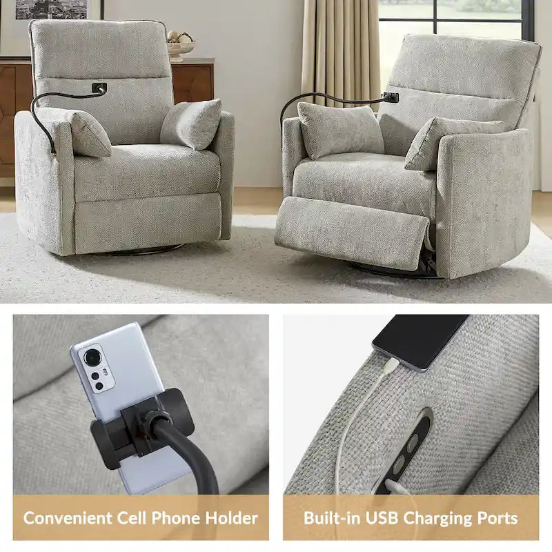 Modern Power Rocking Swivel Nursery Recliner with USB Ports Set of 2