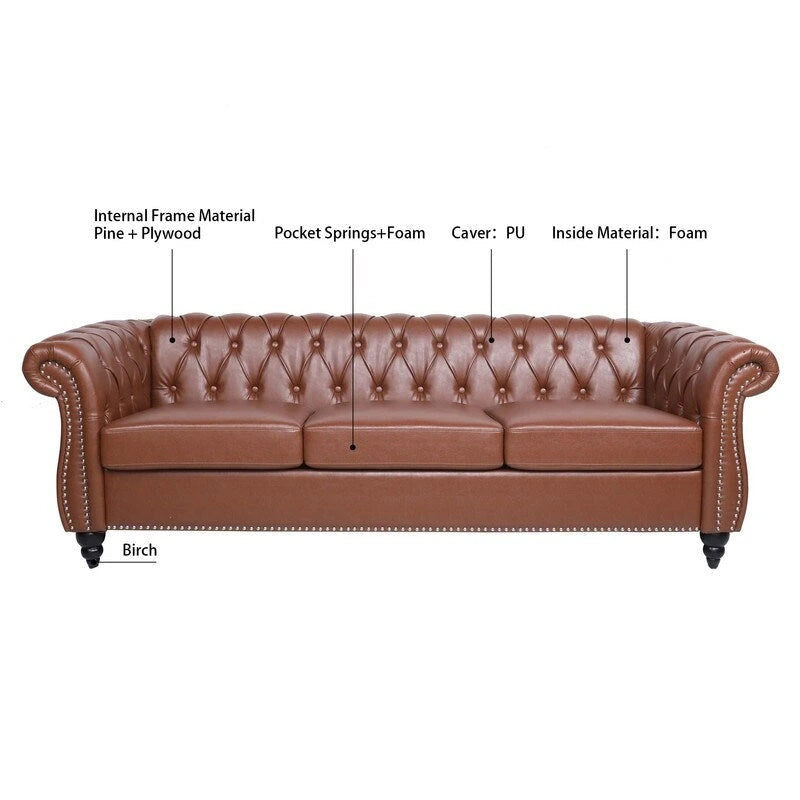 84.65" PU Rolled Arm 3 Seater Sofa