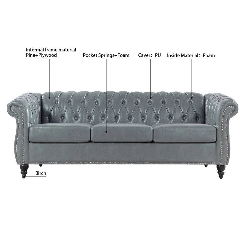 84.65" PU Rolled Arm 3 Seater Sofa