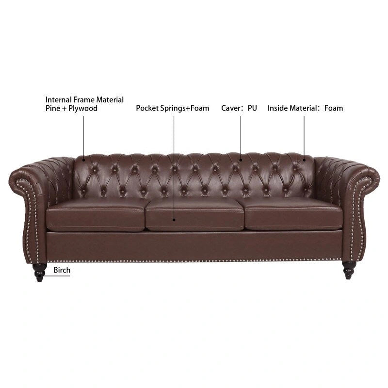 84.65" PU Rolled Arm 3 Seater Sofa