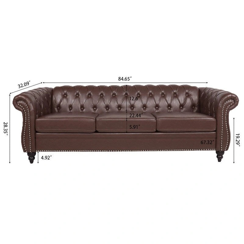 84.65" PU Rolled Arm 3 Seater Sofa