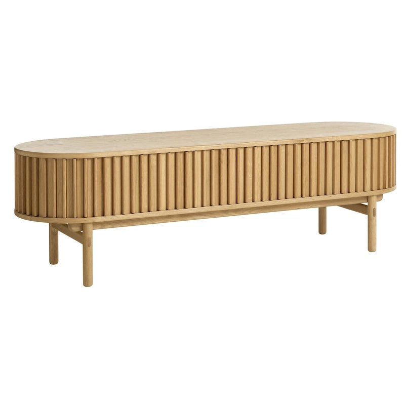 Mid-Century Modern Rounded Sliding Door TV Lowboard, 63W, Natural