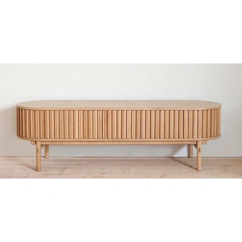 Mid-Century Modern Rounded Sliding Door TV Lowboard, 63W, Natural