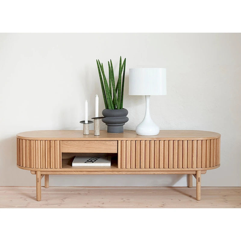 Mid-Century Modern Rounded Sliding Door TV Lowboard, 63W, Natural