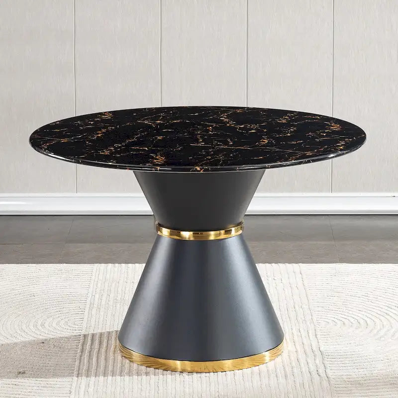 Black Marble Printed MDF Round Dining Table with Gold Annulus Base
