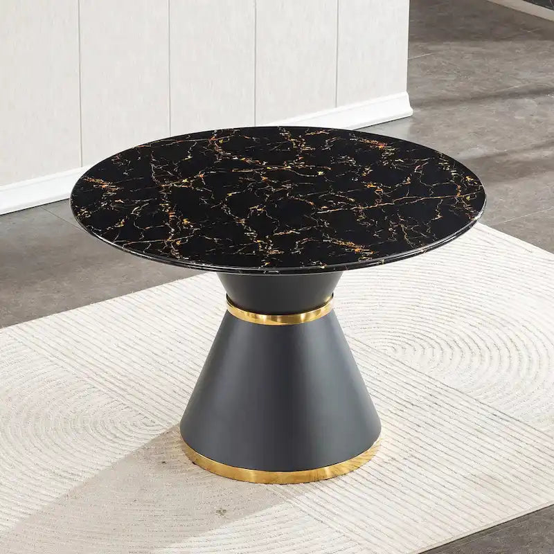 Black Marble Printed MDF Round Dining Table with Gold Annulus Base