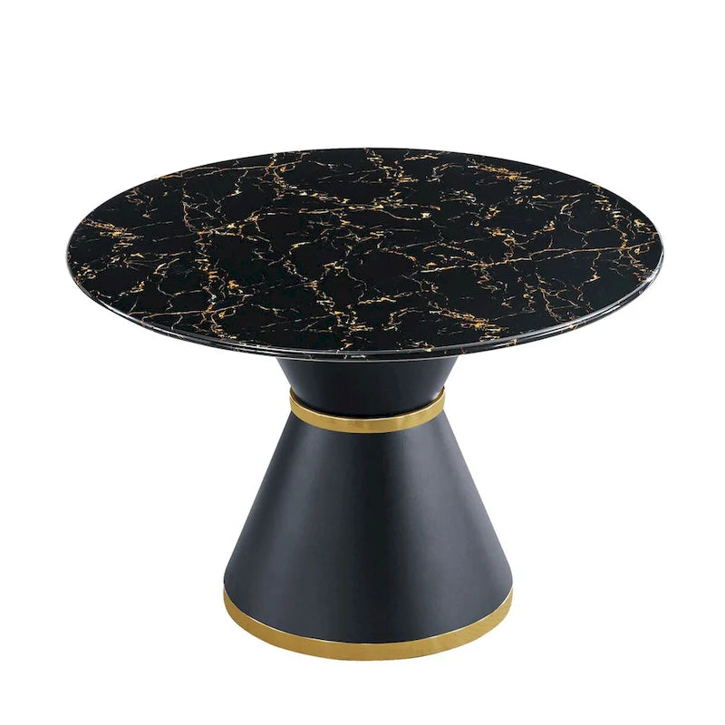 Black Marble Printed MDF Round Dining Table with Gold Annulus Base