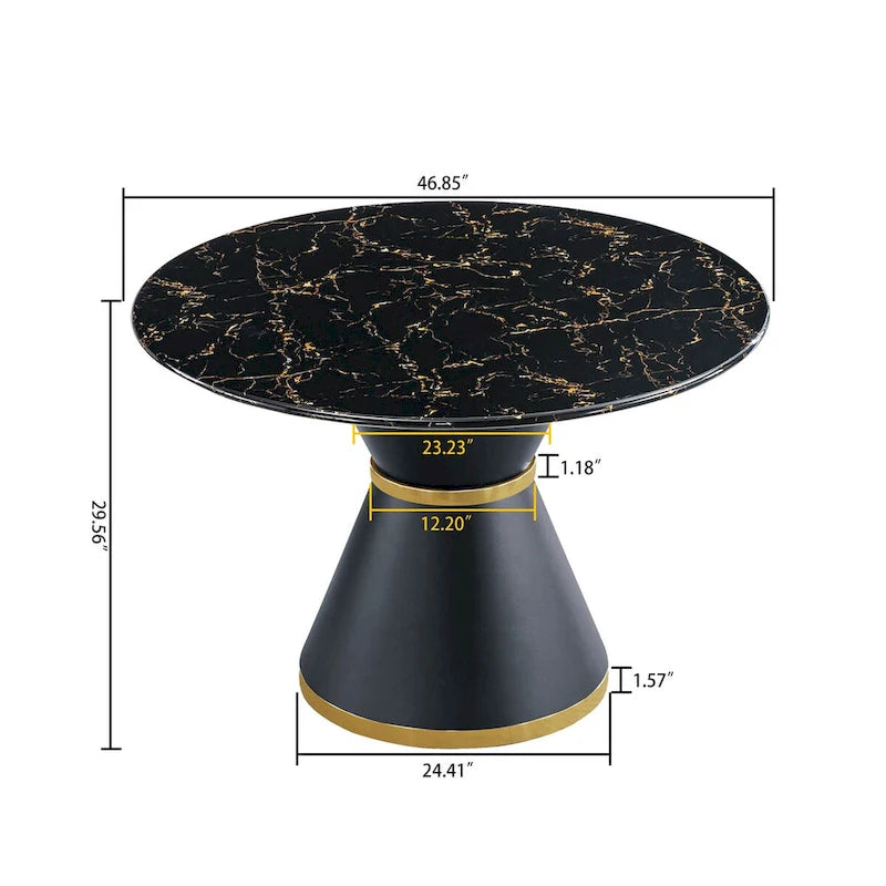 Black Marble Printed MDF Round Dining Table with Gold Annulus Base