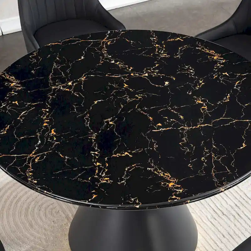 Black Marble Printed MDF Round Dining Table with Gold Annulus Base