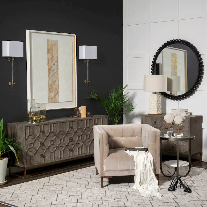 Gray Fir Veneer & Gold Metal Frame 9-Drawer Sideboard