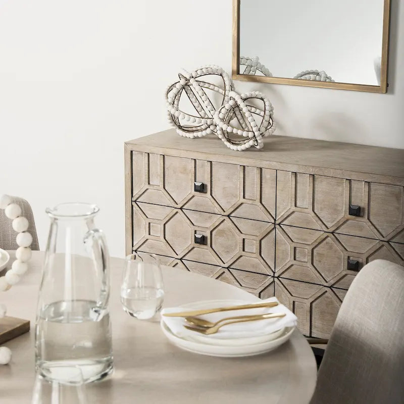 Gray Fir Veneer & Gold Metal Frame 9-Drawer Sideboard