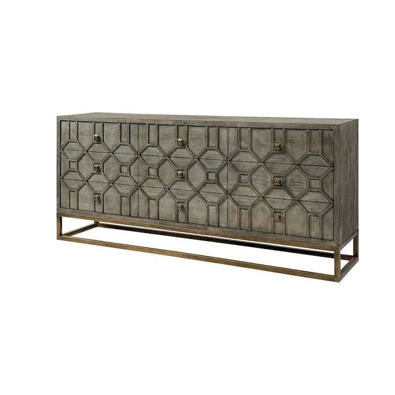 Gray Fir Veneer & Gold Metal Frame 9-Drawer Sideboard