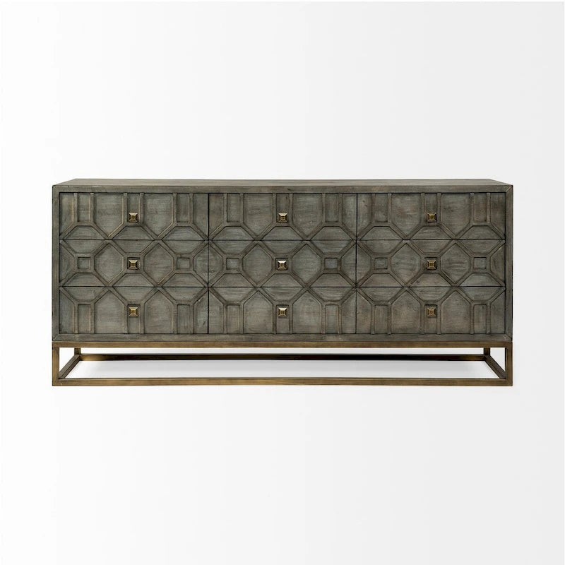 Gray Fir Veneer & Gold Metal Frame 9-Drawer Sideboard