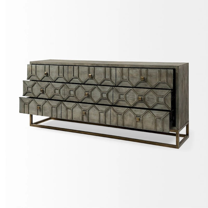 Gray Fir Veneer & Gold Metal Frame 9-Drawer Sideboard