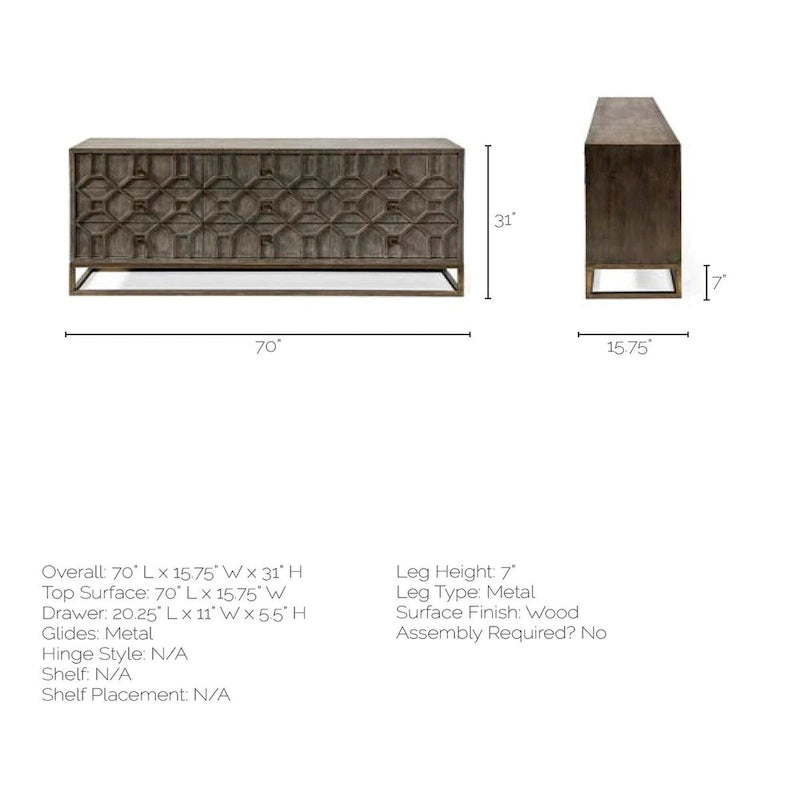 Gray Fir Veneer & Gold Metal Frame 9-Drawer Sideboard