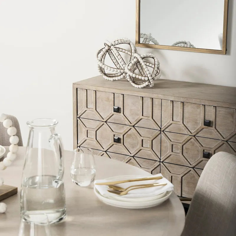 Gray Fir Veneer & Gold Metal Frame 9-Drawer Sideboard