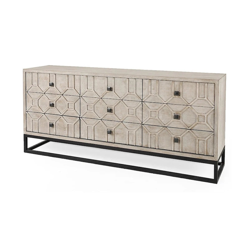 Gray Fir Veneer & Gold Metal Frame 9-Drawer Sideboard