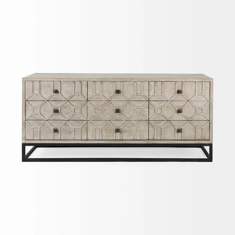Gray Fir Veneer & Gold Metal Frame 9-Drawer Sideboard