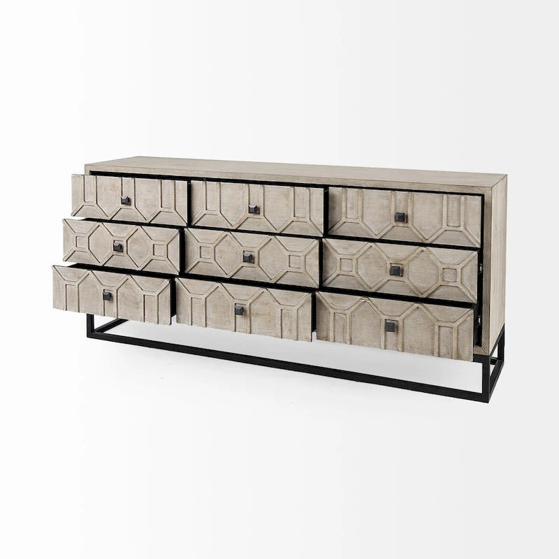 Gray Fir Veneer & Gold Metal Frame 9-Drawer Sideboard